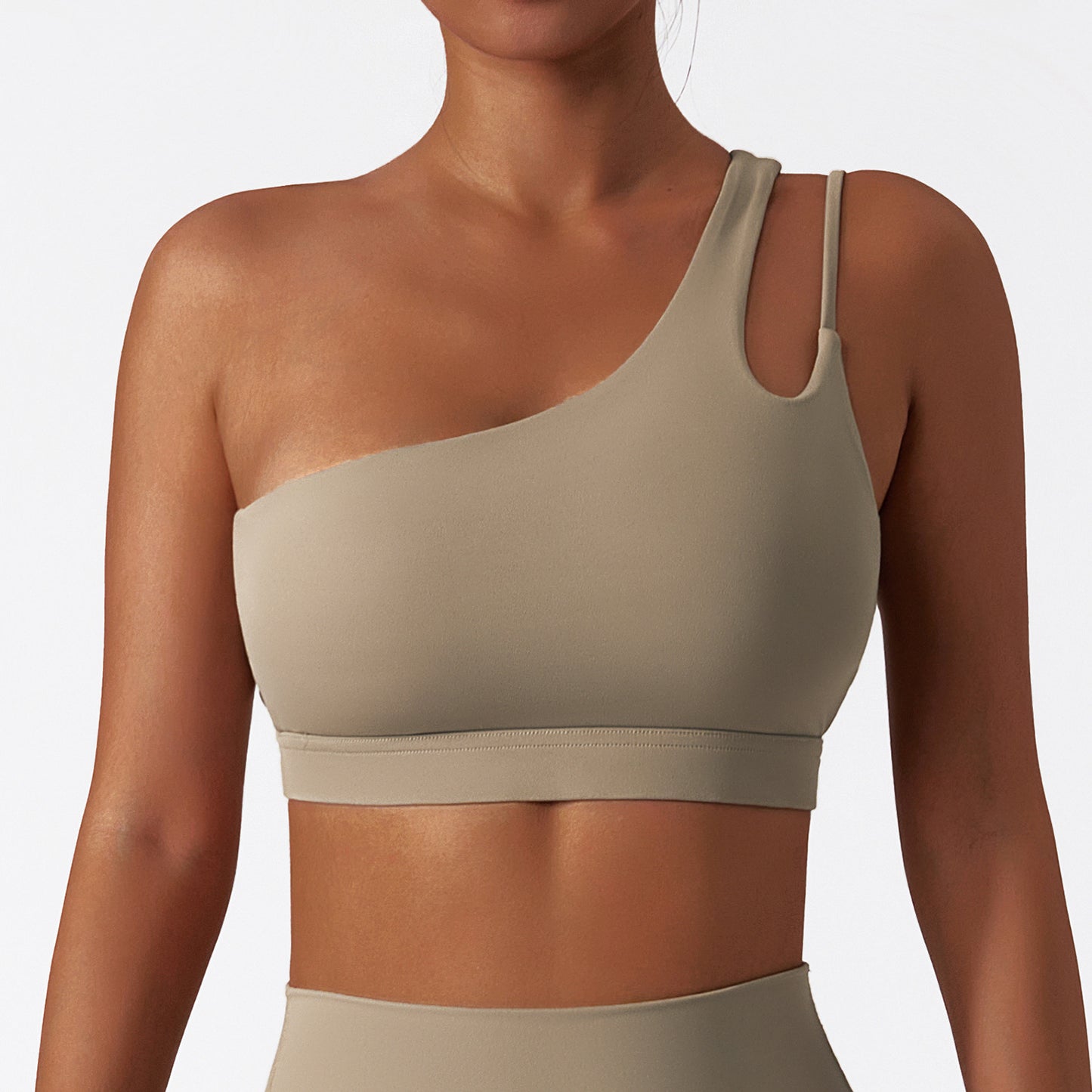 Slant shoulder beautiful back yoga bra nude sports bra irregular shoulder straps running fitness vest top