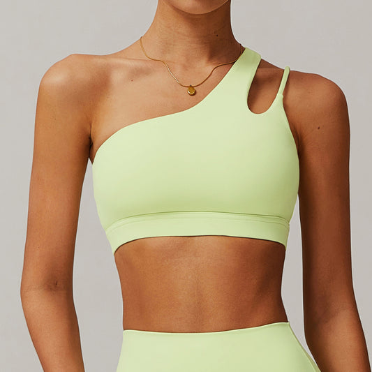 Slant shoulder beautiful back yoga bra nude sports bra irregular shoulder straps running fitness vest top