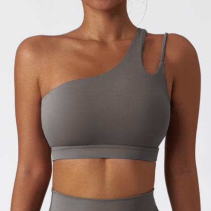 Slant shoulder beautiful back yoga bra nude sports bra irregular shoulder straps running fitness vest top