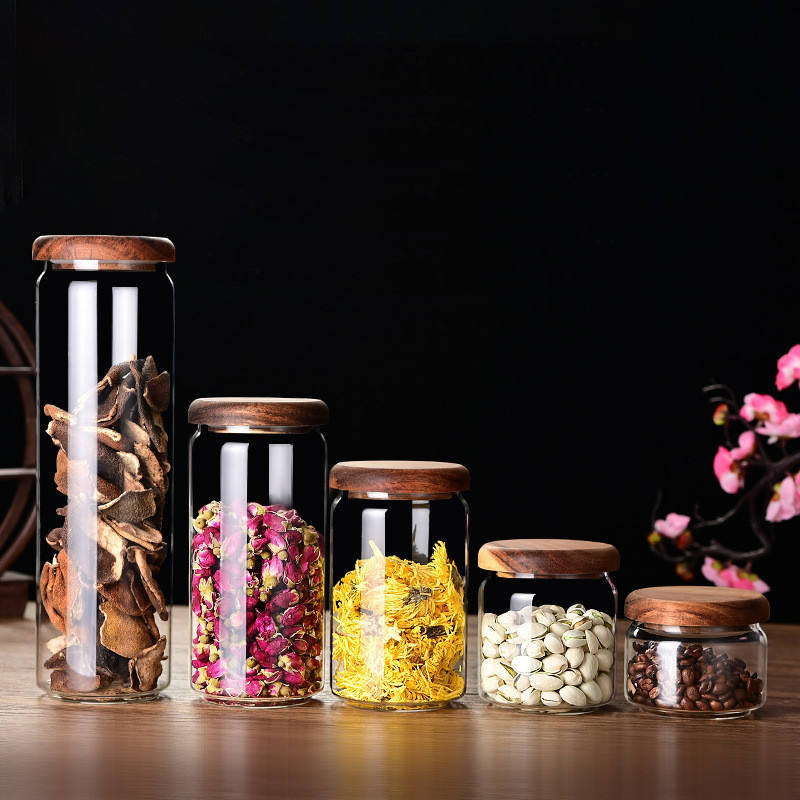 Glass sealed jar wooden lid kitchen universal storage jar coffee and flower tea display storage jar