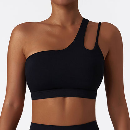 Slant shoulder beautiful back yoga bra nude sports bra irregular shoulder straps running fitness vest top
