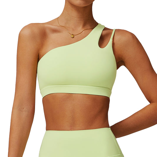 Slant shoulder beautiful back yoga bra nude sports bra irregular shoulder straps running fitness vest top