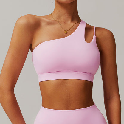 Slant shoulder beautiful back yoga bra nude sports bra irregular shoulder straps running fitness vest top